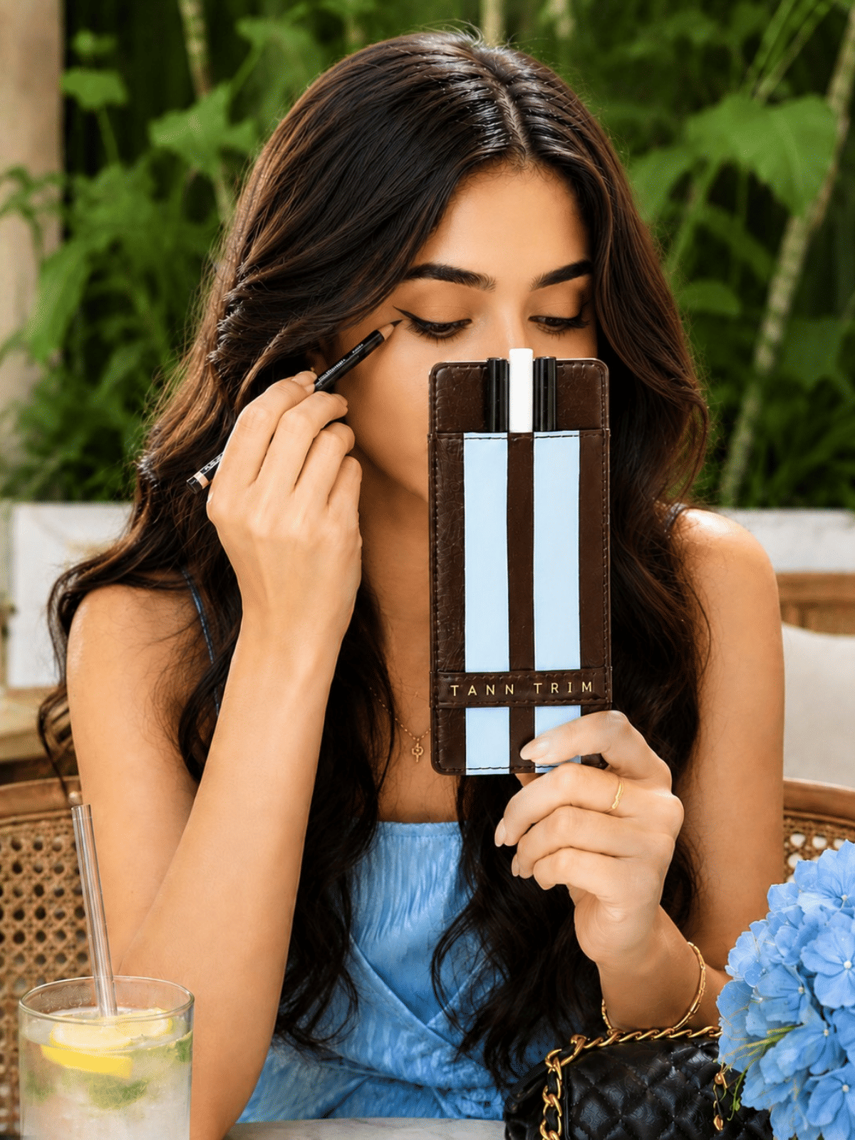 Powder Blue Stripe Lip Liner Case & Mirror
