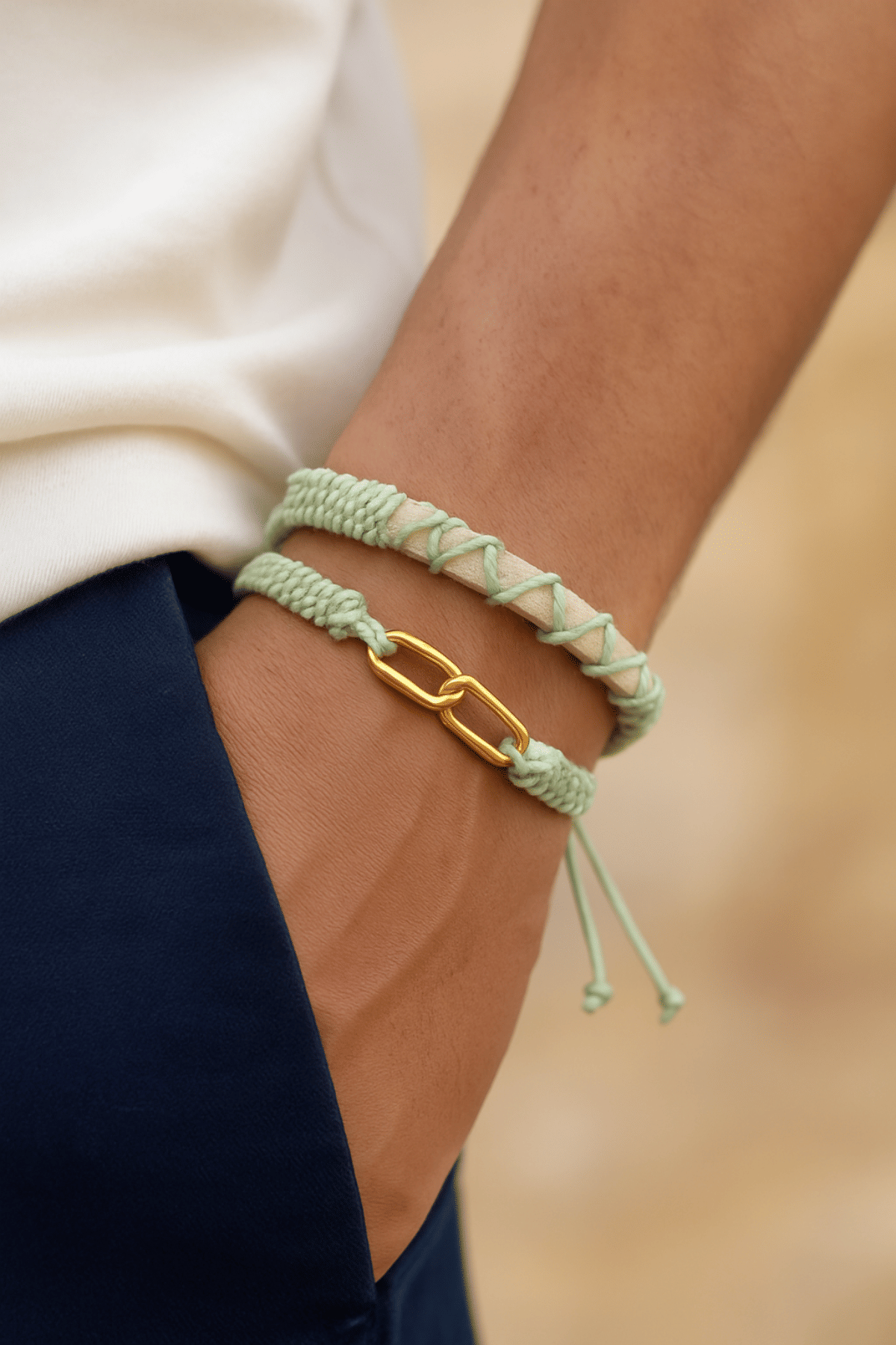 Green & Beige Thread & Vegan Leather Band
